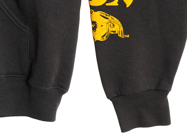 90s USA製 全面 プリント スウェット フード パーカー メンズ L オールド トレーナー ハーレー バイク スカル ファイヤー 黒 企業物 裏起毛