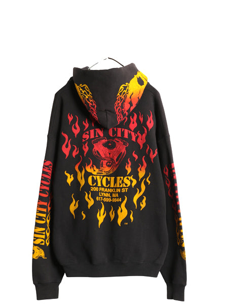 90s USA製 全面 プリント スウェット フード パーカー メンズ L オールド トレーナー ハーレー バイク スカル ファイヤー 黒 企業物 裏起毛