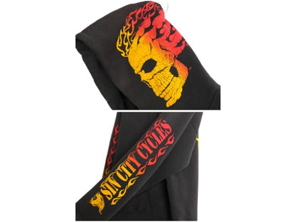 90s USA製 全面 プリント スウェット フード パーカー メンズ L オールド トレーナー ハーレー バイク スカル ファイヤー 黒 企業物 裏起毛