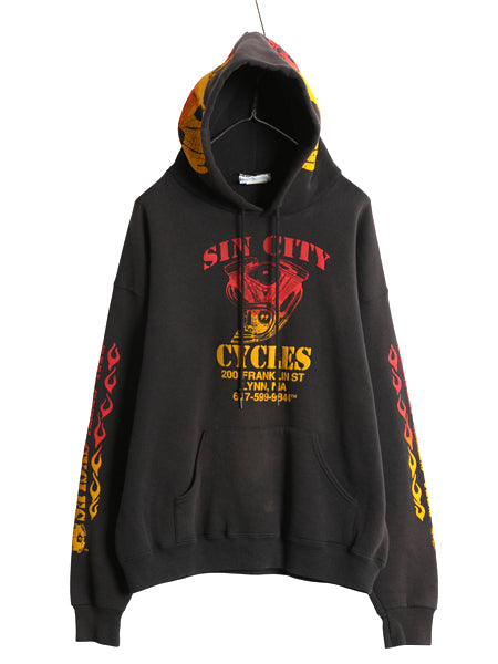 90s USA製 全面 プリント スウェット フード パーカー メンズ L オールド トレーナー ハーレー バイク スカル ファイヤー 黒 企業物 裏起毛
