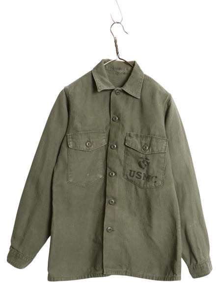 70s 米軍実物 USMC コットン サテン ユーティリティ シャツ S 程/ 72年製 ヴィンテージ OG107 シャツ袖 3rd 軍物 ミリタリー 海兵隊 カーキ