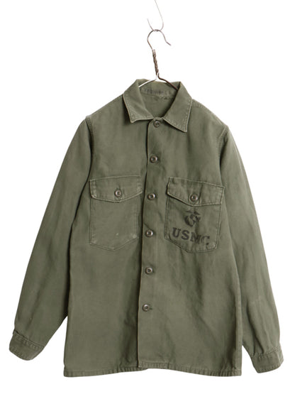 70s 米軍実物 USMC コットン サテン ユーティリティ シャツ S 程/ 72年製 ヴィンテージ OG107 シャツ袖 3rd 軍物 ミリタリー 海兵隊 カーキ
