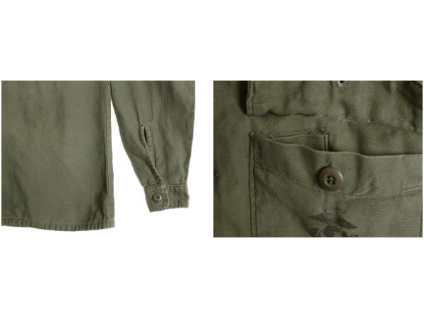 70s 米軍実物 USMC コットン サテン ユーティリティ シャツ S 程/ 72年製 ヴィンテージ OG107 シャツ袖 3rd 軍物 ミリタリー 海兵隊 カーキ