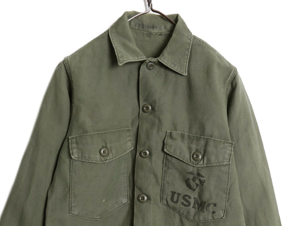 70s 米軍実物 USMC コットン サテン ユーティリティ シャツ S 程/ 72年製 ヴィンテージ OG107 シャツ袖 3rd 軍物 ミリタリー 海兵隊 カーキ