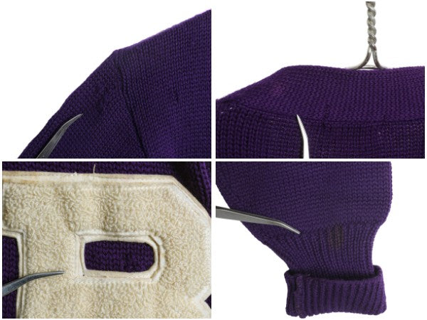 40s 50s ★ レタード ニット カーディガン メンズ M 古着 ヴィンテージ ウール アワード セーター カレッジ サガラ ワッペン付き パープル
