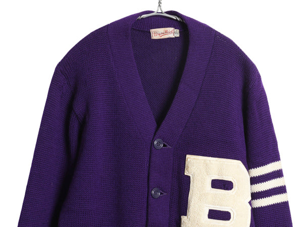 40s 50s ★ レタード ニット カーディガン メンズ M 古着 ヴィンテージ ウール アワード セーター カレッジ サガラ ワッペン付き パープル