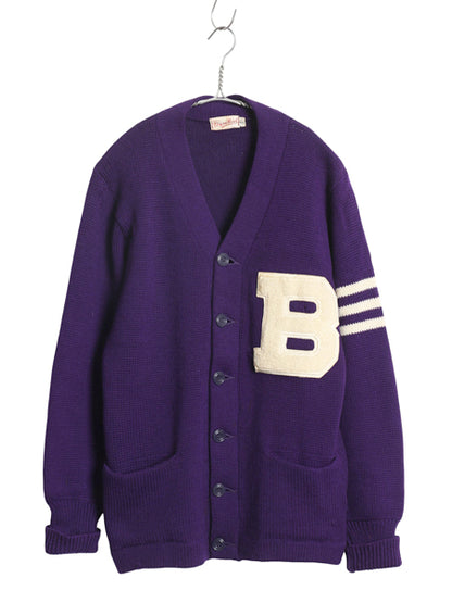 40s 50s ★ レタード ニット カーディガン メンズ M 古着 ヴィンテージ ウール アワード セーター カレッジ サガラ ワッペン付き パープル