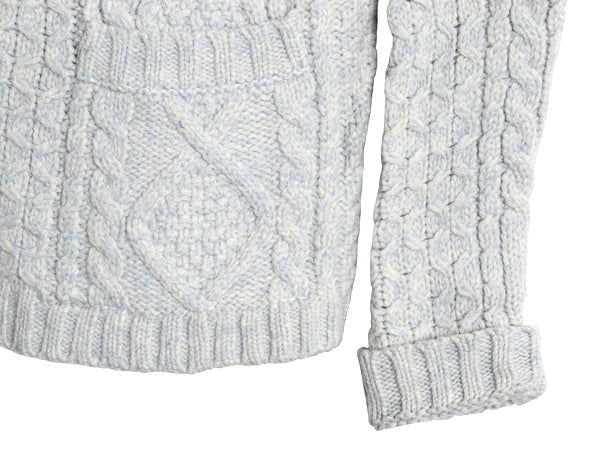 ランズエンド フィッシャーマン ニット カーディガン レディース M ラム ウール アラン セーター モックネック 羽織り 前開き ポケット付き