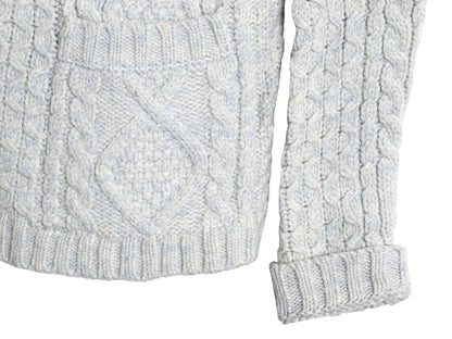 ランズエンド フィッシャーマン ニット カーディガン レディース M ラム ウール アラン セーター モックネック 羽織り 前開き ポケット付き