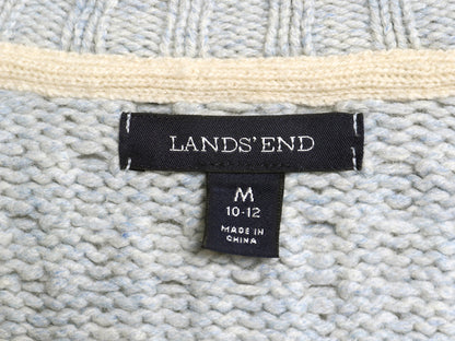 ランズエンド フィッシャーマン ニット カーディガン レディース M ラム ウール アラン セーター モックネック 羽織り 前開き ポケット付き