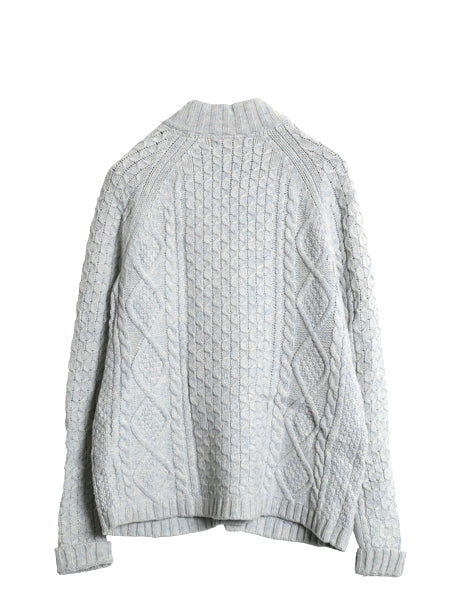 ランズエンド フィッシャーマン ニット カーディガン レディース M ラム ウール アラン セーター モックネック 羽織り 前開き ポケット付き