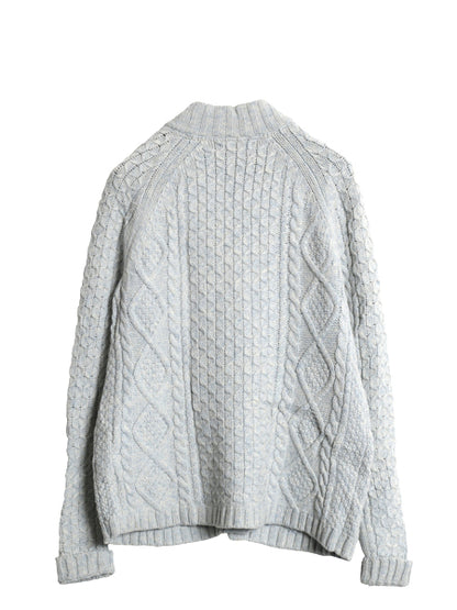 ランズエンド フィッシャーマン ニット カーディガン レディース M ラム ウール アラン セーター モックネック 羽織り 前開き ポケット付き