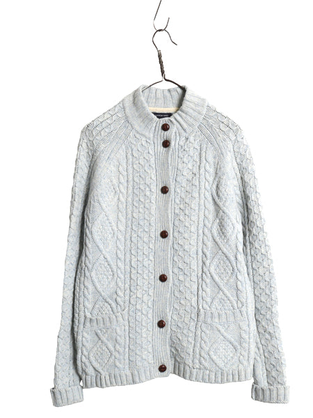 ランズエンド フィッシャーマン ニット カーディガン レディース M ラム ウール アラン セーター モックネック 羽織り 前開き ポケット付き