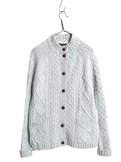 ランズエンド フィッシャーマン ニット カーディガン レディース M ラム ウール アラン セーター モックネック 羽織り 前開き ポケット付き