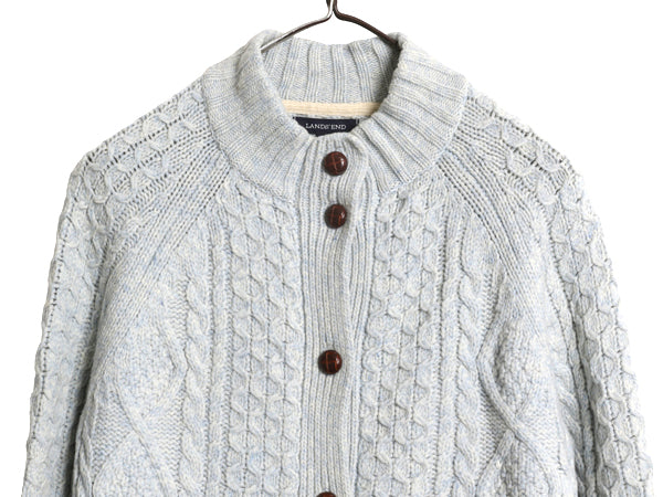 ランズエンド フィッシャーマン ニット カーディガン レディース M ラム ウール アラン セーター モックネック 羽織り 前開き ポケット付き