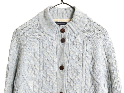 ランズエンド フィッシャーマン ニット カーディガン レディース M ラム ウール アラン セーター モックネック 羽織り 前開き ポケット付き