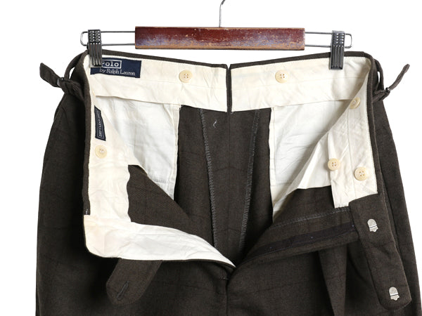 80s ポロ ラルフローレン ウール スラックス パンツ メンズ 実寸 32 31 古着 ヴィンテージ チェック ツータック ストレート TALON カーキ