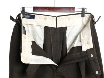 80s ポロ ラルフローレン ウール スラックス パンツ メンズ 実寸 32 31 古着 ヴィンテージ チェック ツータック ストレート TALON カーキ