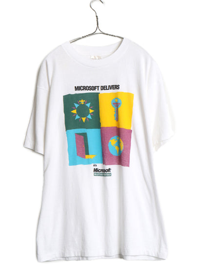 90s ★ マイクロソフト アート イラスト プリント Tシャツ メンズ L オールド 企業物 当時物 Windows グラフィック コンピューター テック