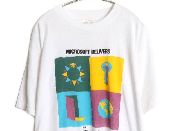 90s ★ マイクロソフト アート イラスト プリント Tシャツ メンズ L オールド 企業物 当時物 Windows グラフィック コンピューター テック