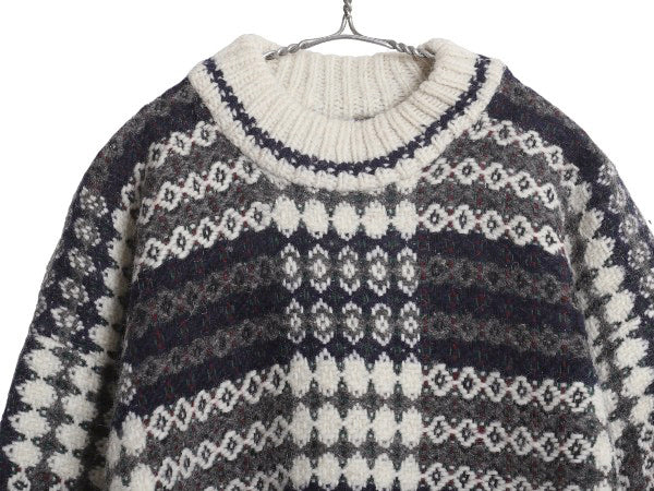 エクアドル製 San Cristobal ウール ハンドニット セーター メンズ レディース L / 総柄 手編み ハンドメイド ノルディック ヘビーウェイト