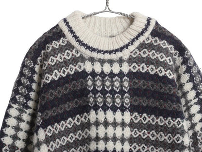 エクアドル製 San Cristobal ウール ハンドニット セーター メンズ レディース L / 総柄 手編み ハンドメイド ノルディック ヘビーウェイト