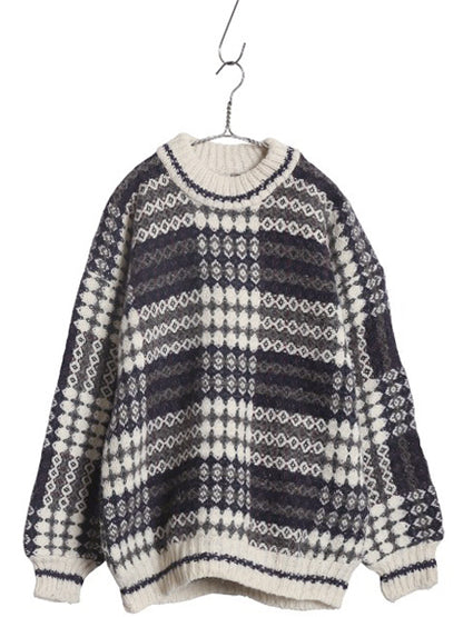 エクアドル製 San Cristobal ウール ハンドニット セーター メンズ レディース L / 総柄 手編み ハンドメイド ノルディック ヘビーウェイト