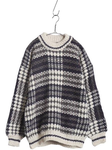 エクアドル製 San Cristobal ウール ハンドニット セーター メンズ レディース L / 総柄 手編み ハンドメイド ノルディック ヘビーウェイト