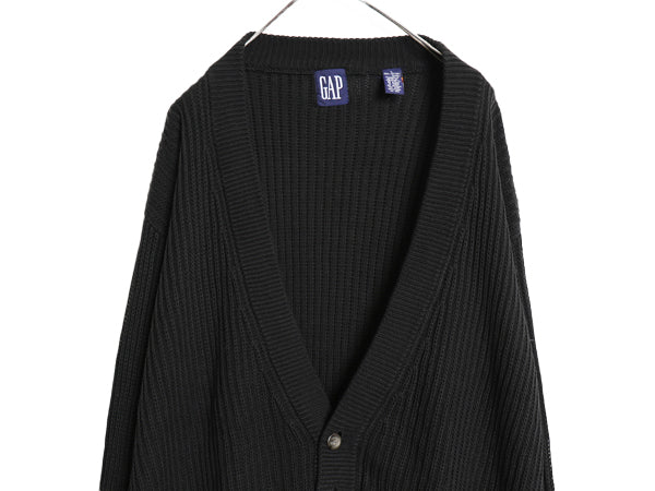 90s オールド ギャップ チャンキー ニット カーディガン メンズ L / コットン セーター 前開き 羽織り 重ね着 シンプル 無地 リブ編み 黒