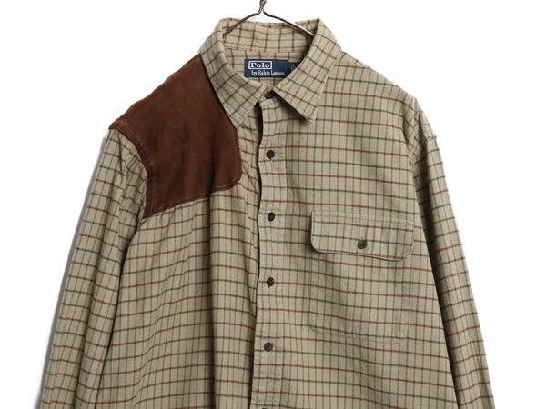 90s ポロ ラルフローレン チェック 長袖 フランネル シャツ メンズ L 古着 オールド ネルシャツ 本革 レザー ハンティング シューティング 