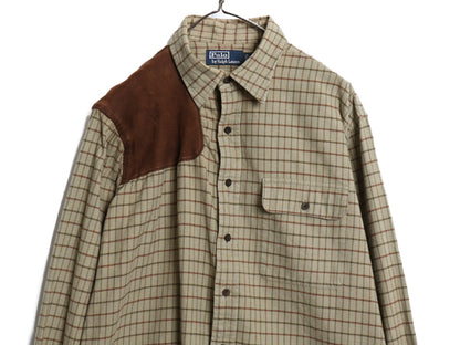 90s ポロ ラルフローレン チェック 長袖 フランネル シャツ メンズ L 古着 オールド ネルシャツ 本革 レザー ハンティング シューティング 