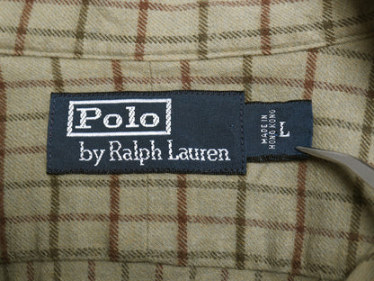 90s ポロ ラルフローレン チェック 長袖 フランネル シャツ メンズ L 古着 オールド ネルシャツ 本革 レザー ハンティング シューティング 