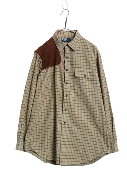 90s ポロ ラルフローレン チェック 長袖 フランネル シャツ メンズ L 古着 オールド ネルシャツ 本革 レザー ハンティング シューティング 