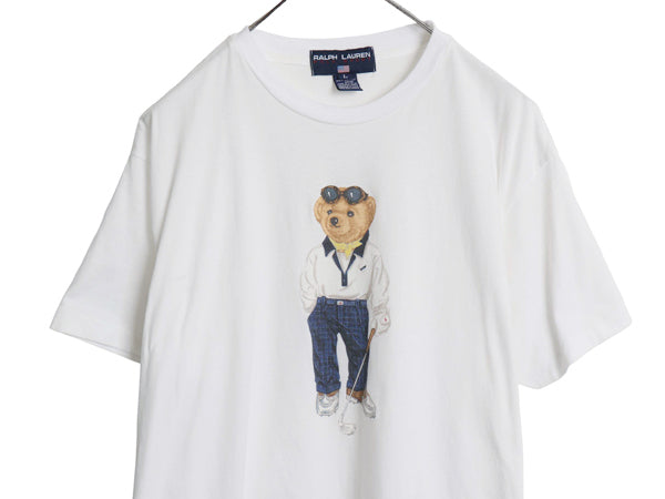 90s USA製 ポロベア ポロスポーツ ラルフローレン プリント 半袖 Tシャツ レディース メンズ L オールド キャラクター シングルステッチ 白