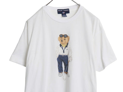 90s USA製 ポロベア ポロスポーツ ラルフローレン プリント 半袖 Tシャツ レディース メンズ L オールド キャラクター シングルステッチ 白