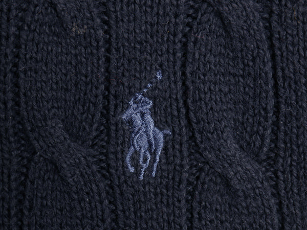 ポロ ラルフローレン コットン ケーブル ニット セーター メンズ M / 古着 クルーネック ワンポイント ポニー 刺繍 無地 シンプル ネイビー