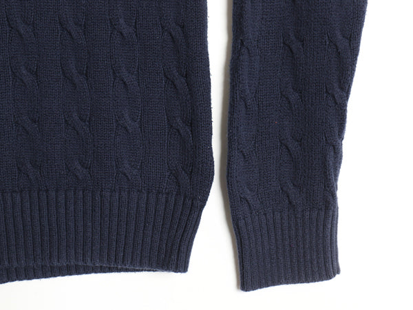 ポロ ラルフローレン コットン ケーブル ニット セーター メンズ M / 古着 クルーネック ワンポイント ポニー 刺繍 無地 シンプル ネイビー