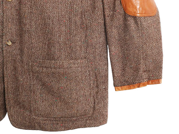 90s オービス ツイード ハンティング ジャケット メンズ XL オールド アウトドア ウール テーラード ブレザー 本革 レザー エルボーパッチ