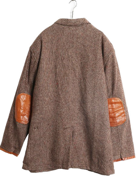 90s オービス ツイード ハンティング ジャケット メンズ XL オールド アウトドア ウール テーラード ブレザー 本革 レザー エルボーパッチ