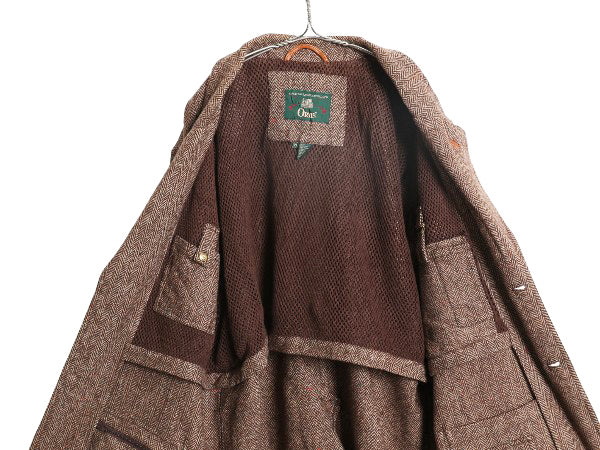 90s オービス ツイード ハンティング ジャケット メンズ XL オールド アウトドア ウール テーラード ブレザー 本革 レザー エルボーパッチ