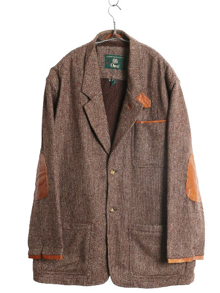 90s オービス ツイード ハンティング ジャケット メンズ XL オールド アウトドア ウール テーラード ブレザー 本革 レザー エルボーパッチ