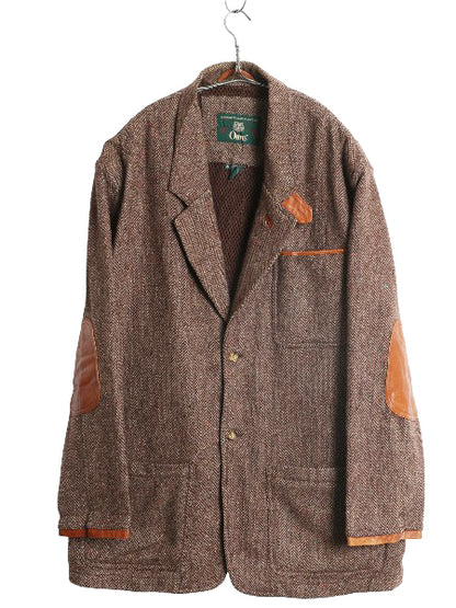 90s オービス ツイード ハンティング ジャケット メンズ XL オールド アウトドア ウール テーラード ブレザー 本革 レザー エルボーパッチ