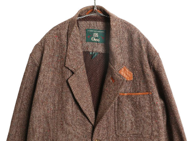 90s オービス ツイード ハンティング ジャケット メンズ XL オールド アウトドア ウール テーラード ブレザー 本革 レザー エルボーパッチ