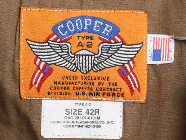 80s USA製 COOPER 本革 レザー A-2 タイプ フライト ジャケット メンズ L 程 古着 ヴィンテージ 革ジャン ボンバー ゴートスキン 山羊革 茶
