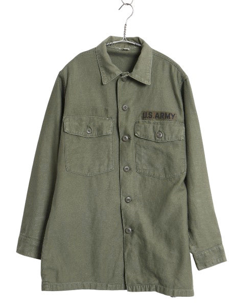 70s 米軍実物 US ARMY コットン サテン ユーティリティ シャツ M ヴィンテージ OG107 シャツ袖 3rd ミリタリー 軍物 カーキ ワッペン付き 