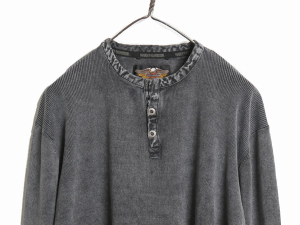 ハーレー ダビッドソン ヘンリーネック リブ編み 長袖 Tシャツ メンズ M / ヘビーウェイト コットン ロンT ステンシル バックプリント 厚手