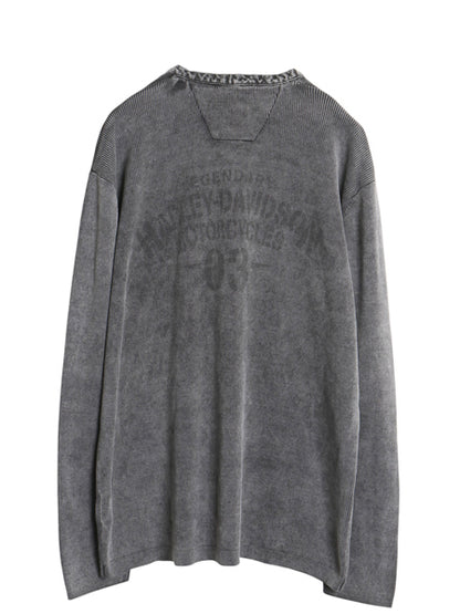 ハーレー ダビッドソン ヘンリーネック リブ編み 長袖 Tシャツ メンズ M / ヘビーウェイト コットン ロンT ステンシル バックプリント 厚手