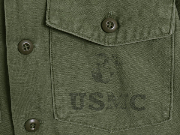 70s 米軍実物 USMC コットン サテン ユーティリティ シャツ M / 72年製 ヴィンテージ OG107 シャツ袖 4th 軍物 ミリタリー 海兵隊 オリーブ