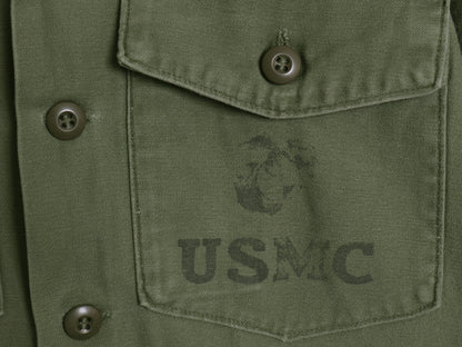 70s 米軍実物 USMC コットン サテン ユーティリティ シャツ M / 72年製 ヴィンテージ OG107 シャツ袖 4th 軍物 ミリタリー 海兵隊 オリーブ