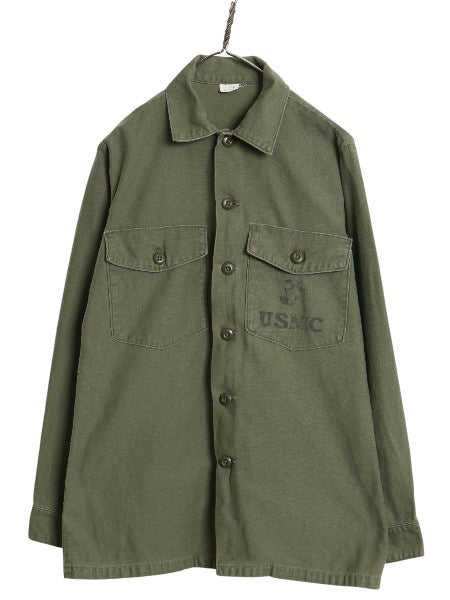 70s 米軍実物 USMC コットン サテン ユーティリティ シャツ M / 72年製 ヴィンテージ OG107 シャツ袖 4th 軍物 ミリタリー 海兵隊 オリーブ